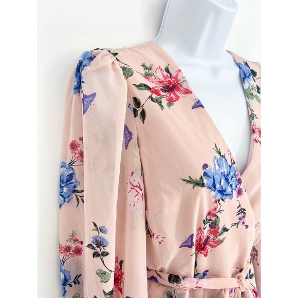 Express NWT Blush Pink Floral Butterfly Chiffon Tie Waist Faux Wrap Dress Size S - Picture 7 of 9